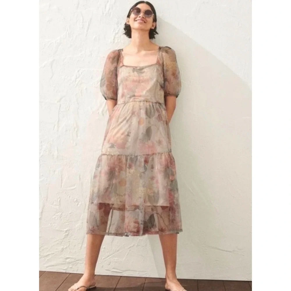 H&M sz M Sheer Floral Puff Sleeve Tiered Tulle Midi Maxi Dress Whimsical Fairy - Picture 8 of 14